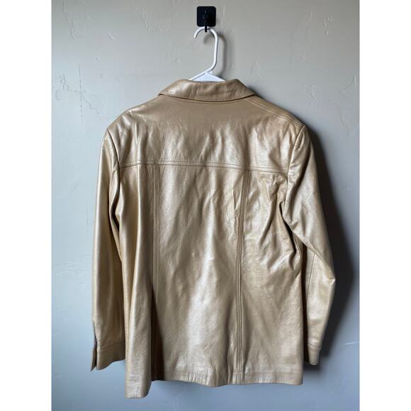 St. John Sport Button Up Gold Metallic 100% Italian Leather Jacket- Size Large - Picture 15 of 16